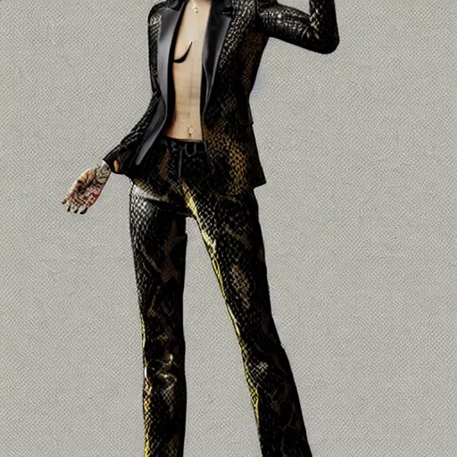 Image similar to yakuza slim girl, gold suit jacket in snake print, jacket over bare torso, yakuza tattoo Irezumi on body, black short curtain haircut, black leather pants with black belt, portrait, beautiful face, elegant, 2d, ultra highly detailed, digital painting, smooth, sharp focus, artstation, art by Ilya Kuvshinov, rossdraws