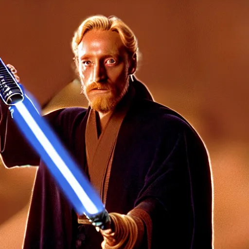 Prompt: Charles Dance as Obi-Wan Kenobi wielding a lightsaber with two hands in the film Star Wars