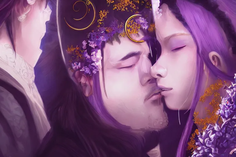 Image similar to a cinematic portrait of wedding photograph jpeg close up moment of a divine a japan sun god and moon goddess lovers magician at a wedding banquet. portraiture. digital painting. artstation. concept art. fantasy wedding photo. digital painting, 8 k realistic, hyper detailed, violet evergarden art masterpiece by art by krenz cushart