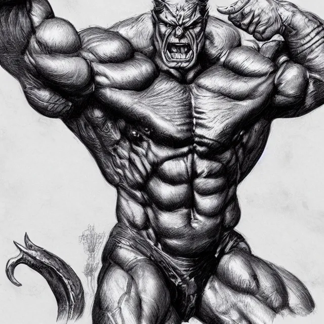 Image similar to ballpoint pen illustration of a muscular demon man, concept art, artstation