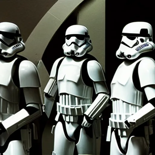 Image similar to a caravaggio artwork film still of star wars storm troopers, artwork by caravaggio