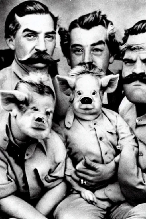 Image similar to piglets with stalin moustaches historical photo in color