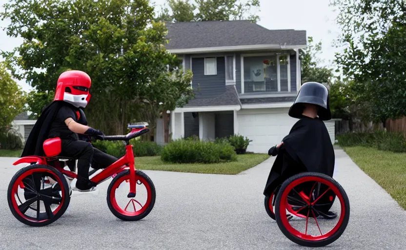 Prompt: Darth riding his tricycle in front of his home, 8k
