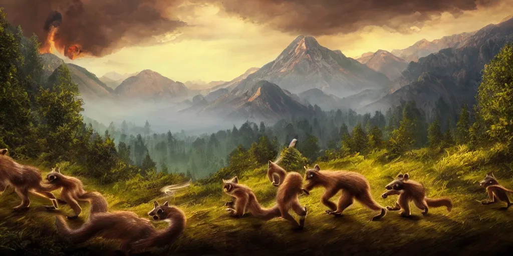 Image similar to A majestic landscape featuring mountains and a forest. A small group of racoons is running from a wild fire. Cinematic, very beautiful, painting in the style of Lord of the rings