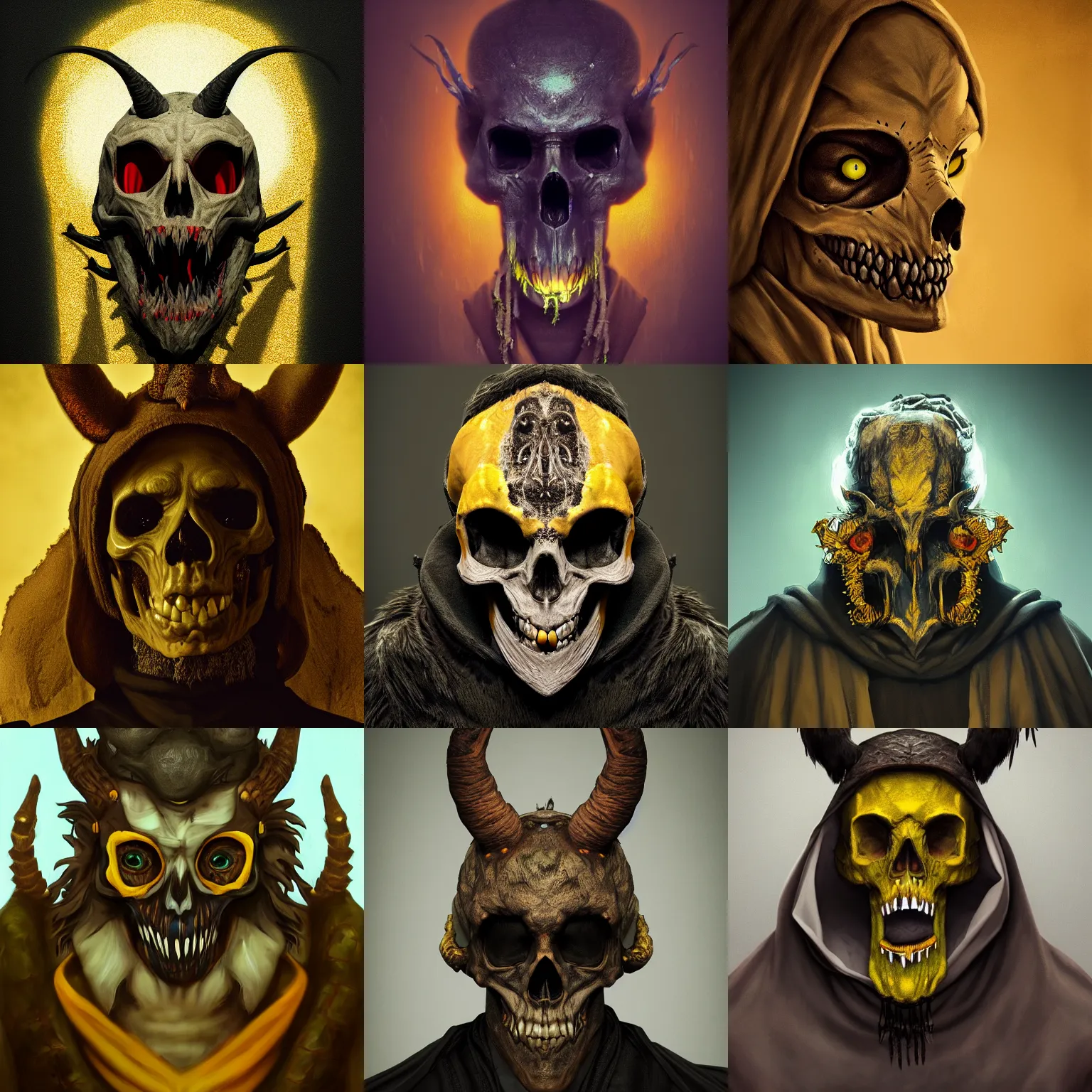 Image similar to portrait of the monster with the dear skull mask, wearing the robes, photography, highly detailed, crows eyes, gloom yellow-brown lights, 8k, artstation