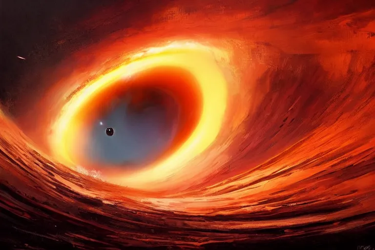 Image similar to a beautiful oil painting of the event horizon of a black hole, orange, warping, detailed, beautiful, awe - inspiring, bright, by greg rutkowski, trending on artstation