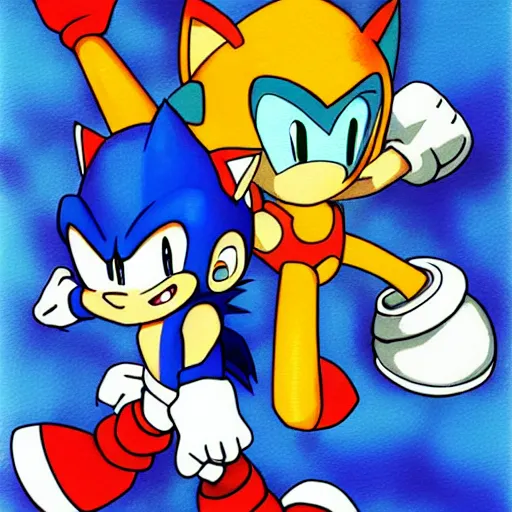 Image similar to Megaman fighting Sonic the Hedgehog, Painted By Akari Toriyama