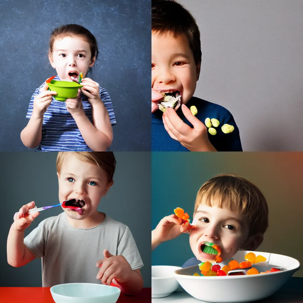 Prompt: child eating LEDs from a bowl, commercial studio photo