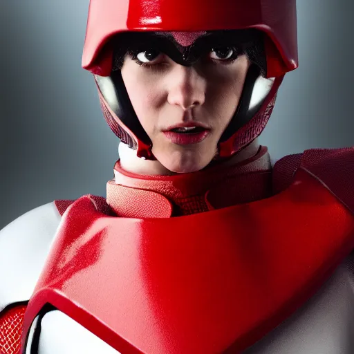 Prompt: headshot of a athletic female soldier in glossy sleek white armor with tiny red details and a long red cape, heroic posture, determined expression, shouting, on the surface of mars, night time, dramatic lighting, cinematic, sci-fi, hyperrealistic