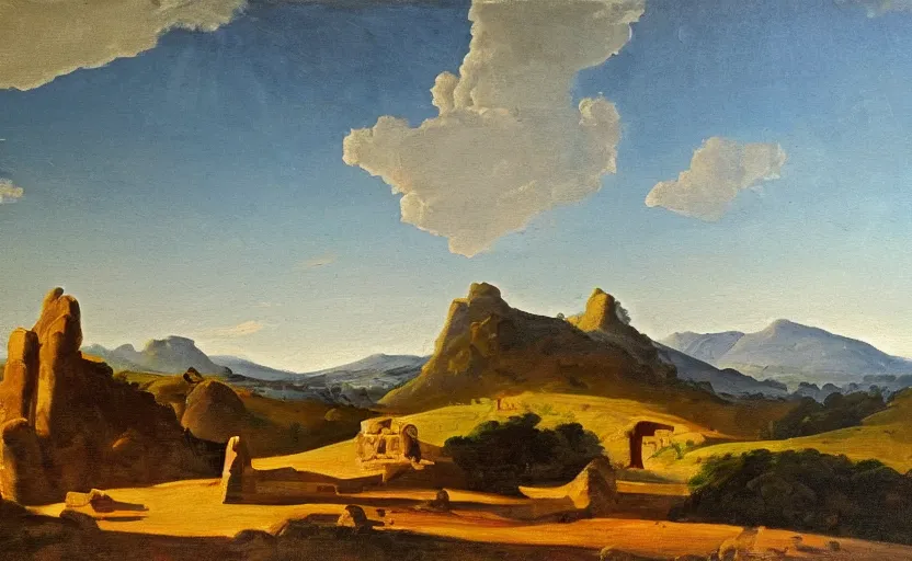 Image similar to an oil painting of a tomb with an intricately detailed door, hills in the background, inspired by nicolas poussin, inspired by guercino, in the style of french baroque, insanely detailed, mysterious mood