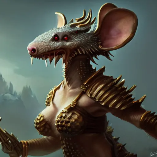 Image similar to a female rat creature with seductive smile, wears a diadem and chees armor, by greg rutkowski, design for magic the gathering, highly detailed, octane render, 4 k
