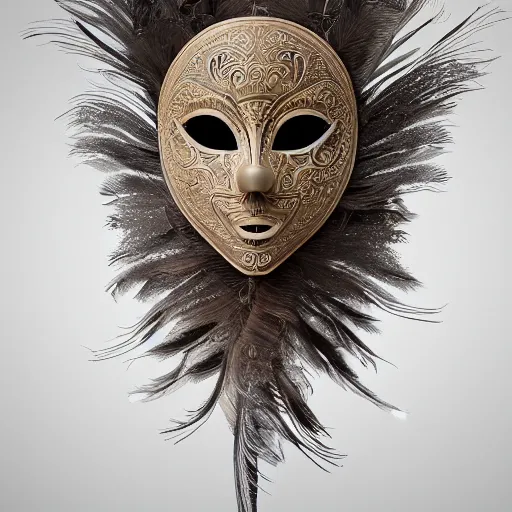 Prompt: an elaborate intricate mask made of feathers in swirling wind, rendered in octane, behance hd, bokeh backdrop