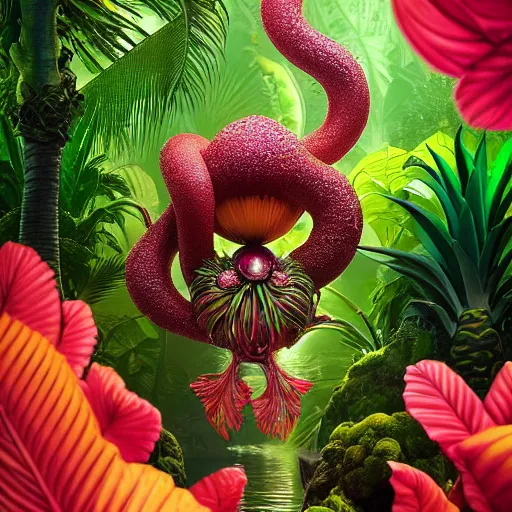 Image similar to tropical fruit creature in a lush trunda candyland vegetation, water reflection, night, backlit, warm tones, bioluminescent : by michal karcz, daniel merriam, victo ngai and guillermo del toro : ornate, dynamic, particulate, intricate, elegant, highly detailed, centered, artstation, smooth, sharp focus, octane render