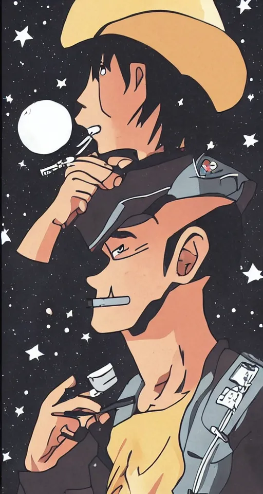 Image similar to a cowboy in space smoking a cigarette, highly detailed, anime style