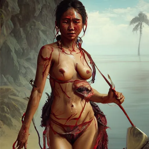 Prompt: portrait painting of a bloodied nepali female butcher wearing bikini, ultra realistic, concept art, intricate details, eerie, highly detailed, photorealistic, octane render, 8 k, unreal engine. art by artgerm and greg rutkowski and alphonse mucha