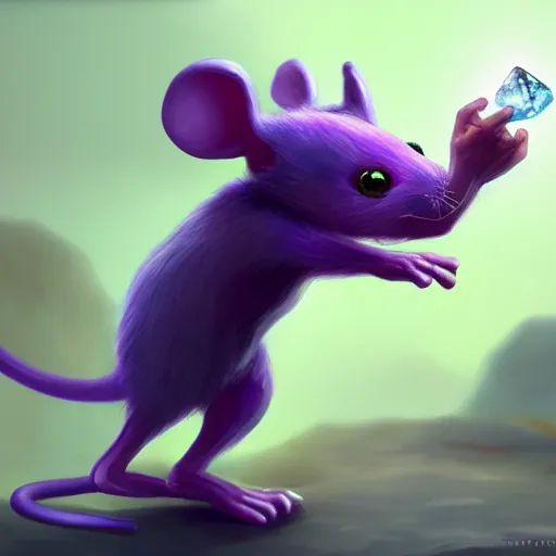 Image similar to mouse warrior reaching for a floating purple crystal with the other, Digital Oil Painting, trending on Artstation, highly detailed, 8k, UHD