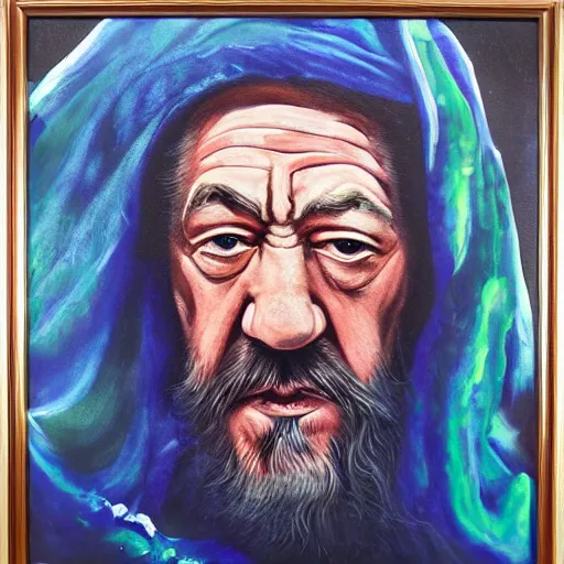Image similar to abstract painting of ian mckellen as osama bin laden in a dark hood fighting an alien invasion by creatures from jupiter, arial shot, highly detailed, award painting, 8 k
