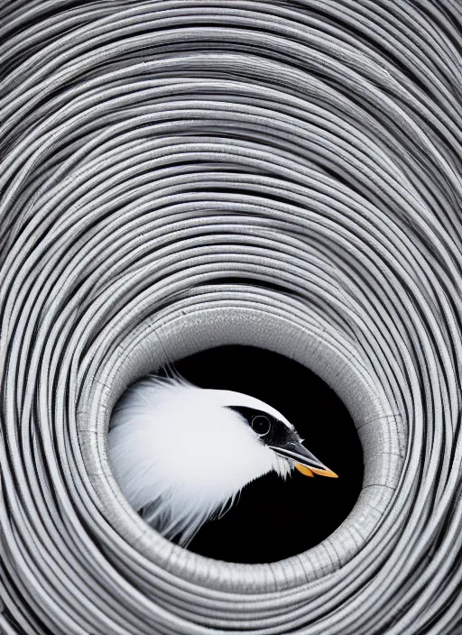 Image similar to realistic photo portrait of common bird with white feathers many cords leds and detailed wires, spherical black helmets, in a big pool filled with mercury, the sky is grey, 2 0 0 0, life magazine photo,