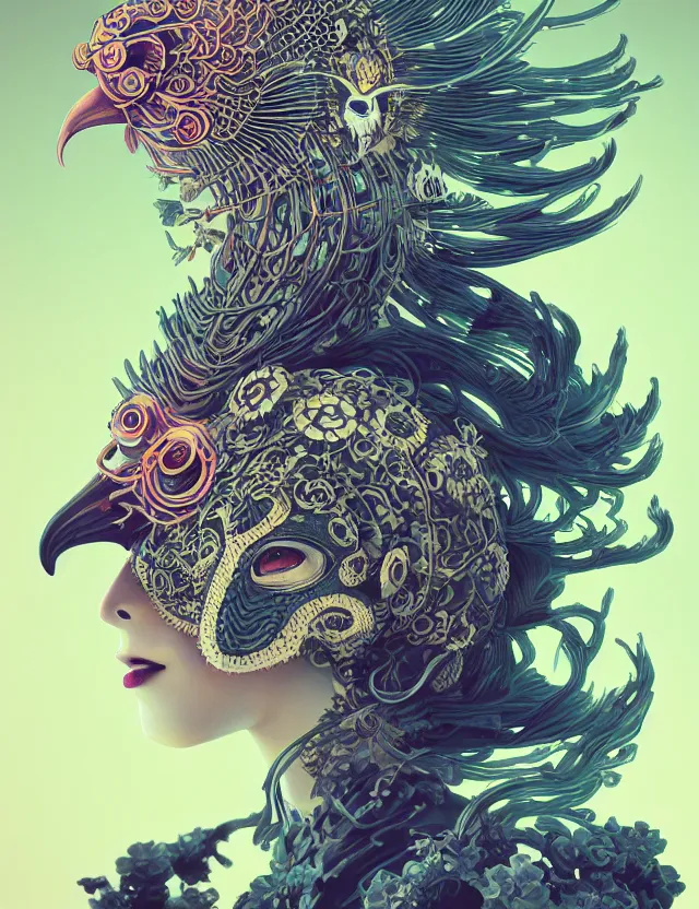 Image similar to 3 d goddess close - up profile solarpunk portrait ram skull. beautiful intricately detailed japanese crow kitsune mask and clasical japanese kimono. betta fish, jellyfish phoenix, bio luminescent, plasma, ice, water, wind, creature, artwork by tooth wu and wlop and beeple and greg rutkowski