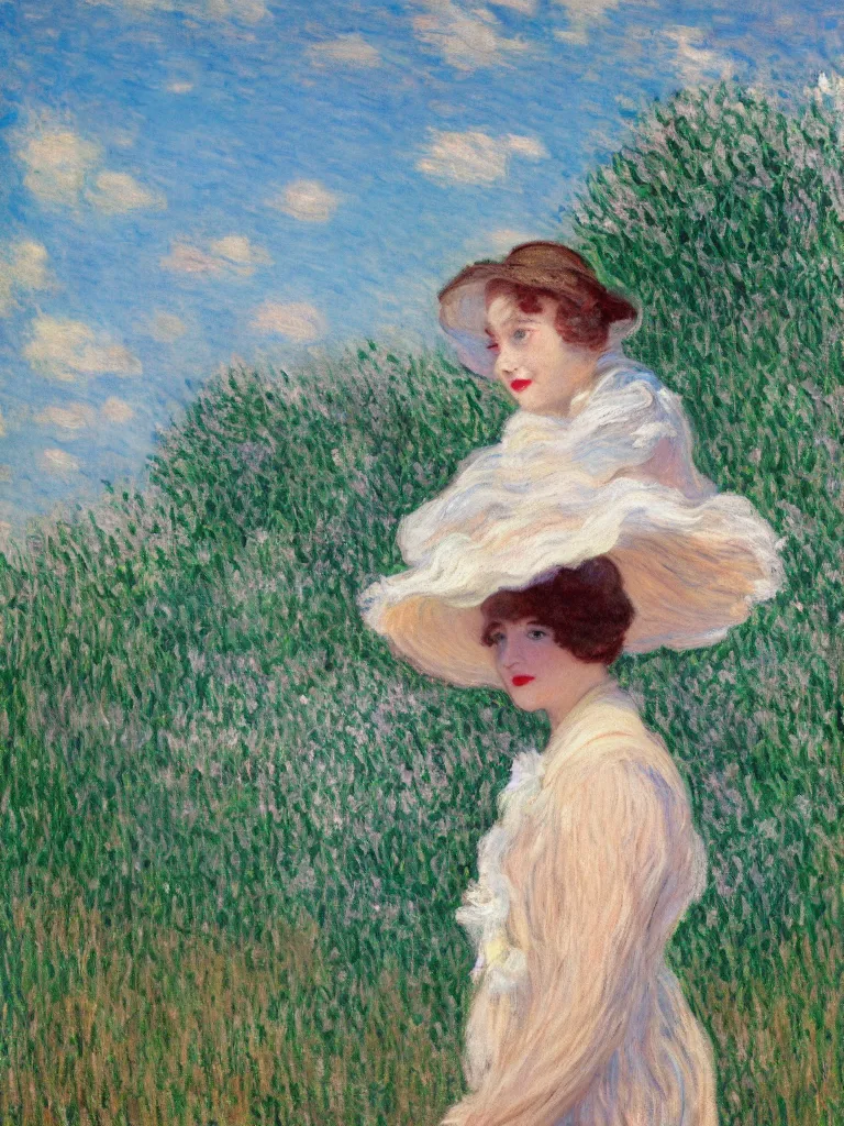 Image similar to a beautiful young frog, wearing 1 9 2 0 s fashion, brown hair, slim, fair, turning her head and smiling, severe out of focus, depth of field, azure sky, fluffy white clouds, pleinairism, in the sun, backlit, oil on canvas, by monet, in the style of le promenade, impressionnisme