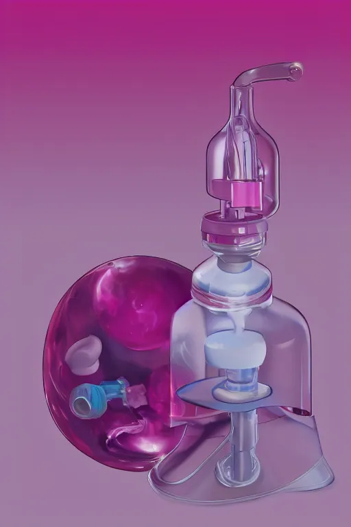 Prompt: Pink Vapor Inhalation Machine Connected to a Spherical Bottle of Pink Liquid Diapers by a Tube, Pink Vapor Leaking from an Oxygen Mask, fantasy, magic, ultra detailed, digital art, trending on artstation, illustration, medical laboratory