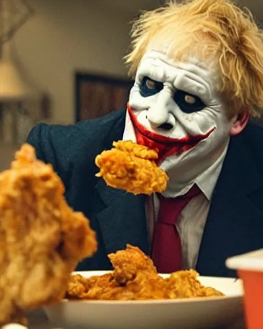 Prompt: film still close - up shot of boris johnson as the joker eating fried chicken from the movie the dark knight. photographic, photography