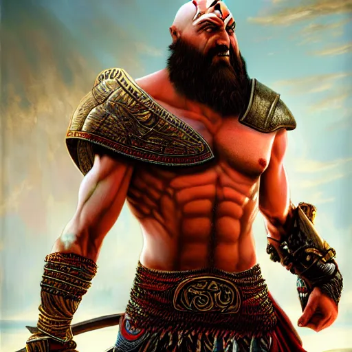 Prompt: kratos the god of war as an egyptian warrior, pharaoh, egypt, pyramids, by alex gray and android jones, karol bak, ayami kojima, amano, moebius, concept art, character design, fantasy, 3 d, 8 k resolution