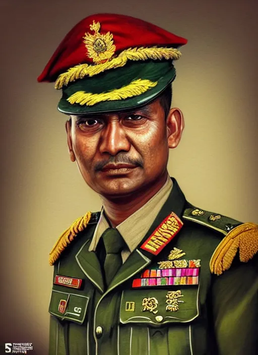 Prompt: highly detailed portrait of a bangladesh army general, photographic realistic background on thick paper, by greg rutkowski, by greg tocchini, by joe fenton, by nikkohurtado, by den _ yakovlev, by niki 2 3 gtr, by sivak _, by tonysantos, trending on instagram, award winning details