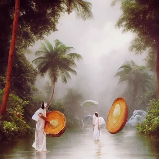 Image similar to monsoon on tropical island, endowed oriental goddess in white, elegant, frontal, ornate, beautiful, atmosphere, vibe, mist, coconuts, rain, wet, pristine, puddles, melting, dripping, snow, creek, lush, ice, bridge, forest, roses, flowers, by stanley artgerm lau, greg rutkowski, francisco de goya