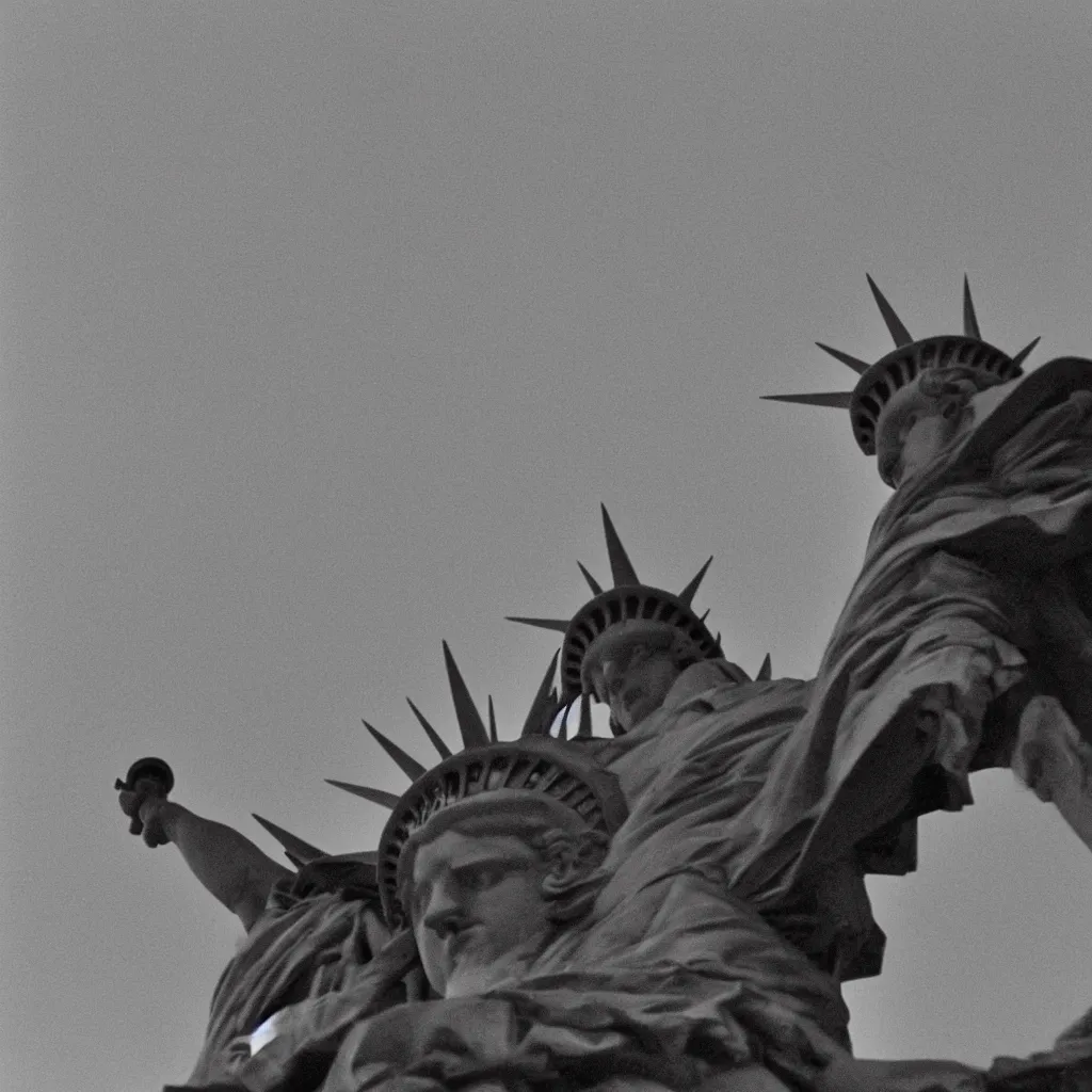 Image similar to Joe Biden riding the statue of liberty into battle against fascists, grainy film, shallow depth of field