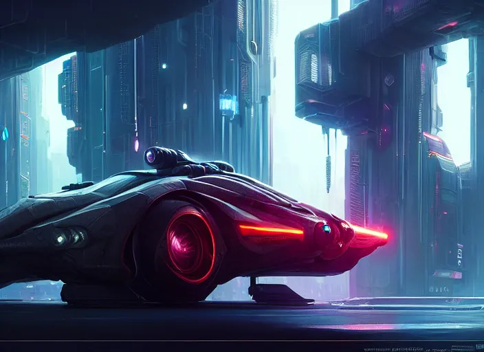 Image similar to detailed intricate digital illustration by greg rutkowski and artgerm and wlop and sanford robinson gifford ; cyberpunk futuristic vehicle, glowing headlights ; 1 3 mm film, wide angle arri alfa anamorphic lens ; sharp focus, soft evening lighting, trending on artstation 4 k