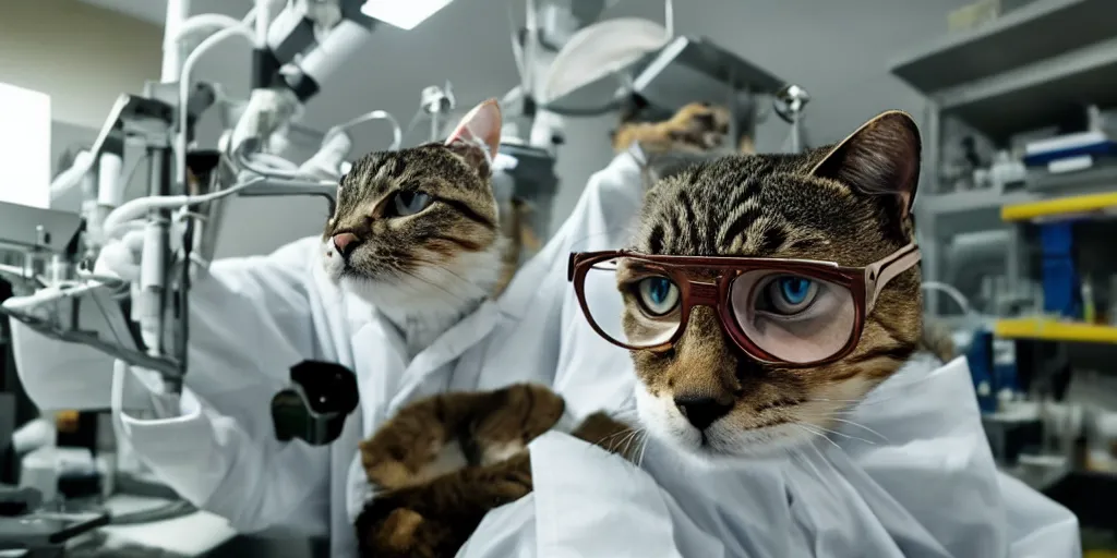 Prompt: photo of a a cat dressed as a scientistt wearing glasses and labcoat in a labratory, funny, real, dramatic lighting, in the style of a nature documentary