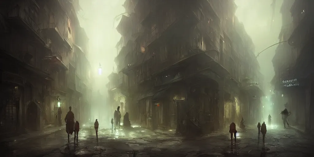 Prompt: dark town street by bastien lecouffe - deharme and charles bowater, greg rutkowski, adventure game, high camera angle, inspired by diablo concept art