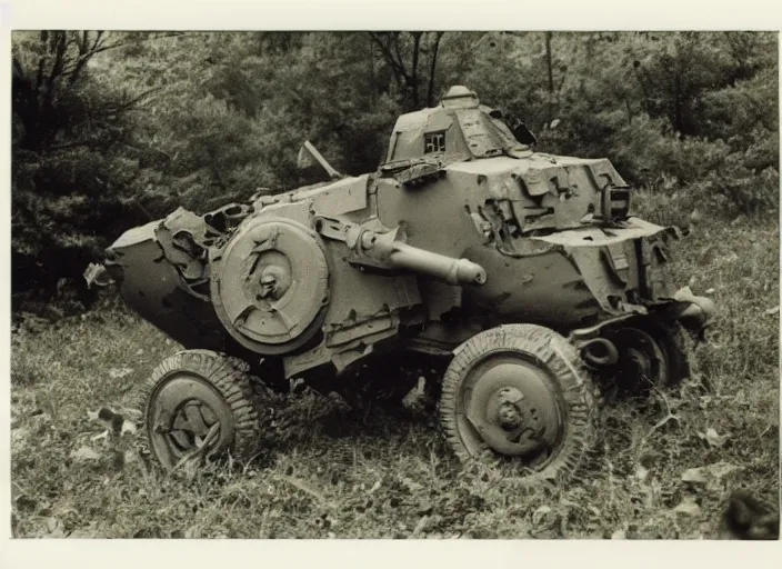 Image similar to found polaroid picture of a world war two crawling mech war machine and german soldiers