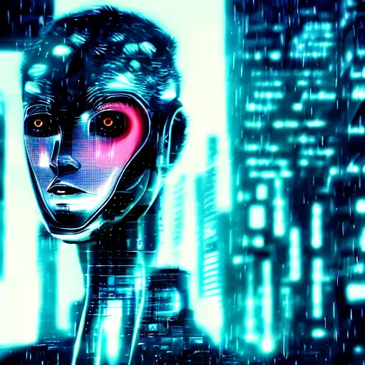 Image similar to portrait of cyber wolf, machine, cyberpunk, android, robot, mechanical parts, editorial photography, neons, blade runner, futuristic style, realistic bokeh and depth of field, award winning, establishing shot