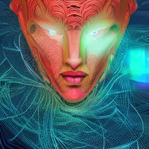 Image similar to Face of a Alien Deity, centered, corals, plume made of geometry, extremly detailed digital painting, sharp focus in the style of android jones, artwork of a futuristic artificial intelligence superstar with frames made of detailed circuits, mystical colors, rim light, beautiful lighting, 8k, stunning scene, raytracing, octane, under water visual distortion, dark tones colors, trending on artstation