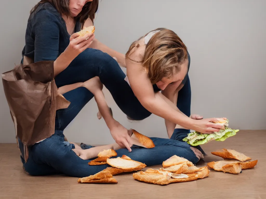 Prompt: woman upset that she dropped her sandwich on the floor, High Definition detail, 8K, photography