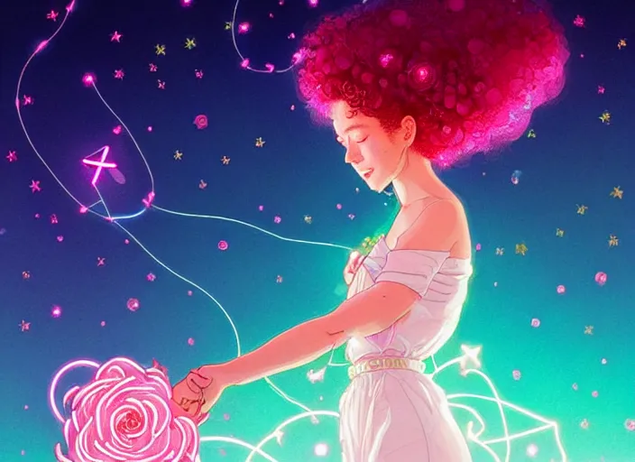 Prompt: harmony of cute woman with curly pink hair, she has a rose quartz on her belly button, she wears a white dress, neon stars, glowing line - art, by wlop, james jean, victo ngai! muted colors, highly detailed, fantasy art by craig mullins, thomas kinkade cfg _ scale 8