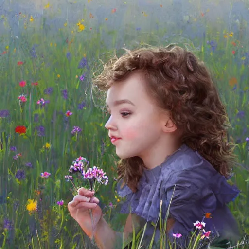 Prompt: a cute little girl with short curly brown hair sitting in a field of wildflowers, painting by artgerm and greg rutkowski and magali villanueve