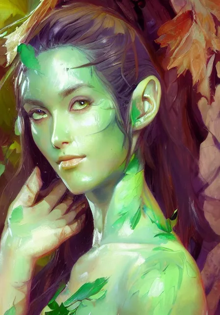 Image similar to greg manchess a realistic anime portrait of a beautiful dryad with glowing green eyes and tree bark skin wearing clothes made of leaves, digital painting, by stanley artgerm lau, sakimichan, wlop and rossdraws, digtial painting, trending on artstation