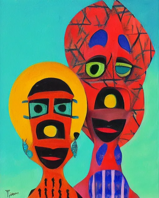 Image similar to Burkina Faso masquerade, painting by Toni Toscani, oil on canvas