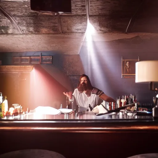 Prompt: a still of jesus sitting down on a stool at the bar, last call. it's dark and smoky. god rays through fog.