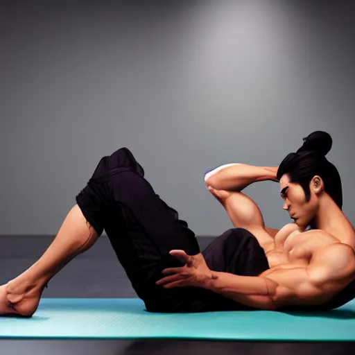 Image similar to Yasuo from League of Legends doing crunches, photorealistic, highly detailed