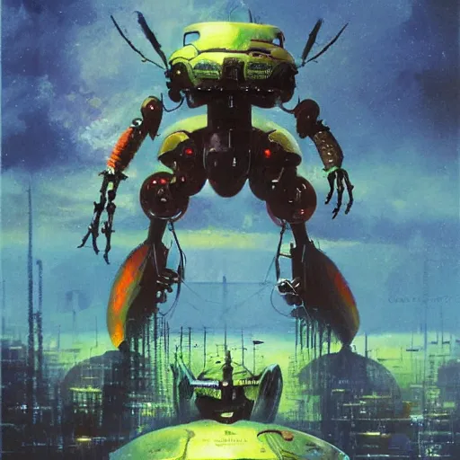 Image similar to a large anthropomorphic beetle shaped mecha by paul lehr and moebius