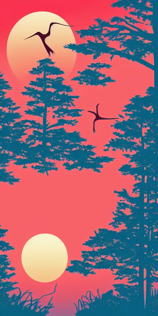 Prompt: shirt design, vector style, a crane and a lake in forest of pines, big red sun, fresh modern look, made with photoshop,