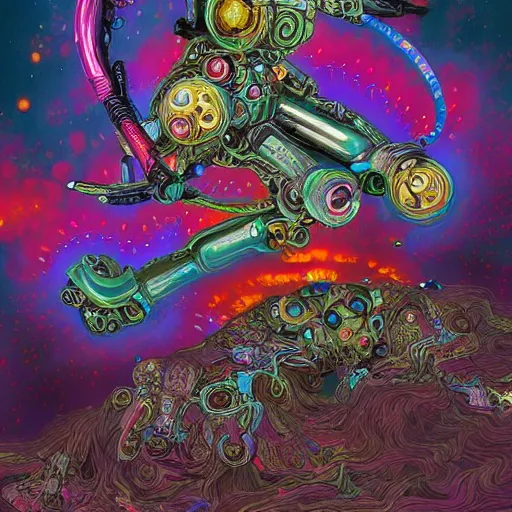 Prompt: An extremely psychedelic experience, colorful, surreal, mecha, LSD, face, jet turbine, tarot, detailed, intricate, elegant, highly detailed, super detailed, insane detailed, digital painting, concept art, smooth, sharp focus, octane render, illustration, art by josan gonzales, Krenz Cushar, Marco Plouffe, dan mumford, Artem Demura and alphonse mucha