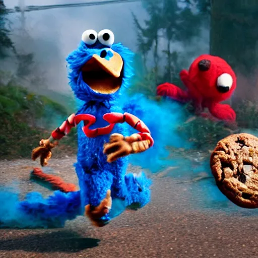 Image similar to cinematic shot, the cookie monster is rambo, explosions in the background