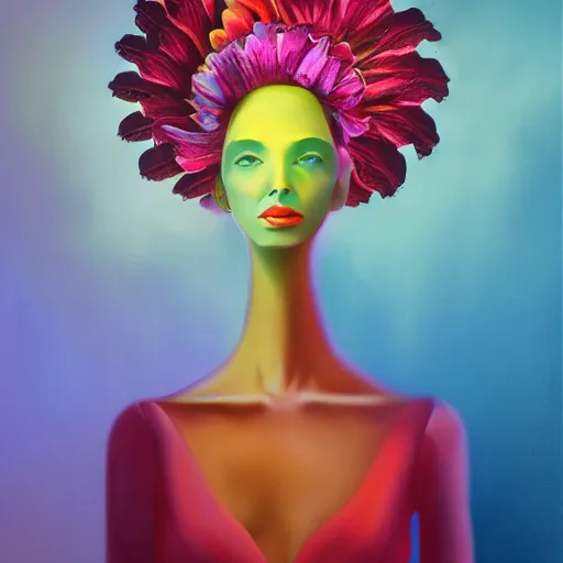 Image similar to huge flower as head, woman standing in a luxury apartment, surreal photography, dramatic light, impressionist painting, digital painting, artstation, georgia o'keeffe