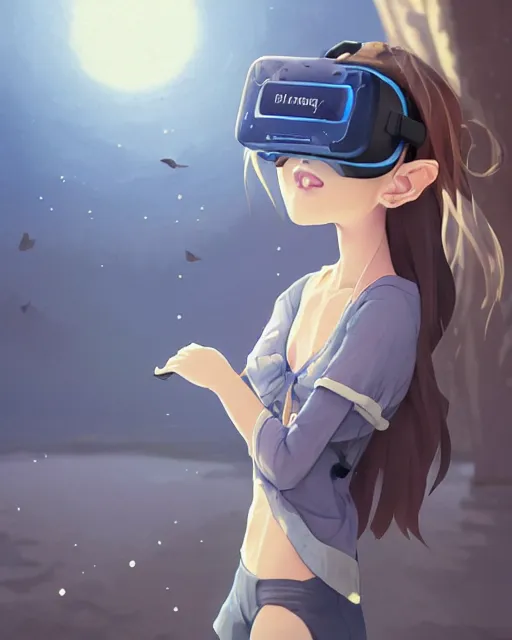 Image similar to a russian blue cat wearing a VR headset, !dream an attractive young female elf with long flowing auburn hair, standing on the beach on the ground front facing, looking at camera, blue water, anime. By Makoto Shinkai, Stanley Artgerm Lau, WLOP, Rossdraws, James Jean, Andrei Riabovitchev, Marc Simonetti, krenz cushart, Sakimichan, trending on ArtStation, digital art.