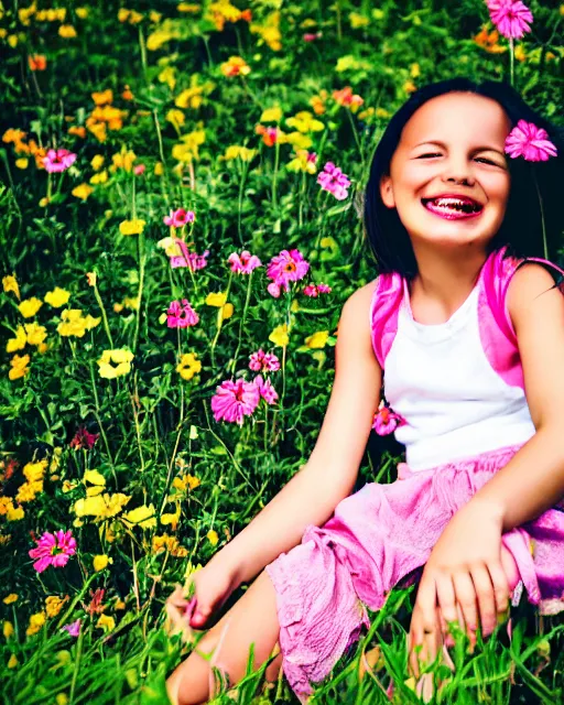 Prompt: flowers, garden at home, small fence, girl sitting on the grass, girl laughing, girl clear weather, green grass, white clouds, clouds, trees around, flowers around, saturated colors, sentimentalism